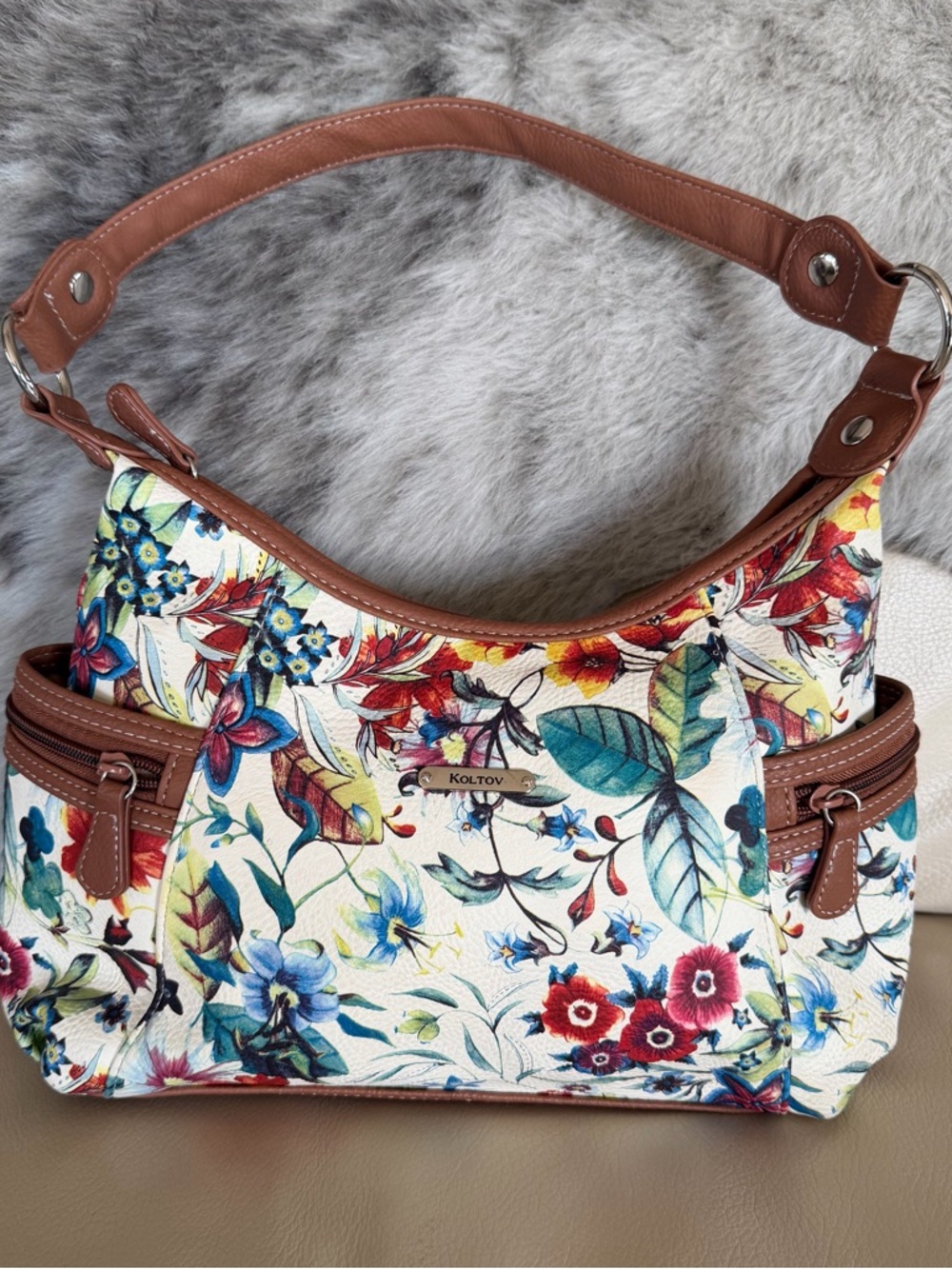 Floral Shoulder Bag in Multicolor and Brown
